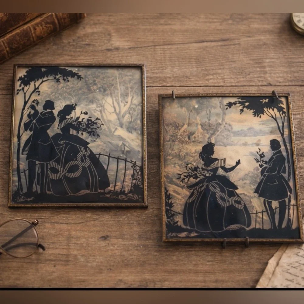 2 1940’s Convex Glass Victorian Art Pictures. Silhouette | Reverse | 4x5